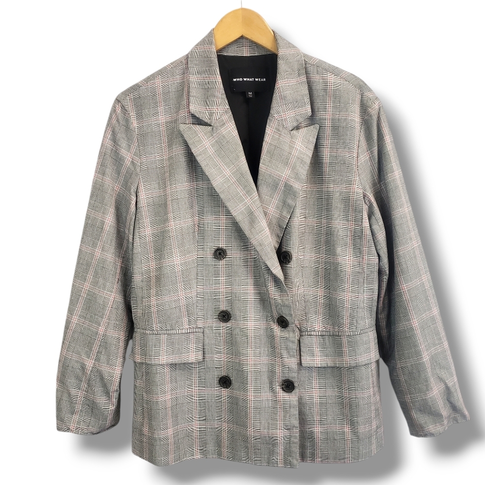 Who What Wear Preppy Grey and Pink Plaid Double-breasted Blazer Medium